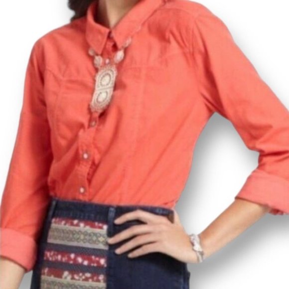 Anthropologie Tops - Holding Horses Womens Coral Pearl Snap Shirt Sz 0 Western Corduroy Anthropologie